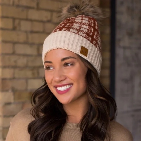 Pumpkin Rust Plaid Knit Faux Fur Pompom Lined Women's Knit Winter Beanie Hat - Picture 3 of 3